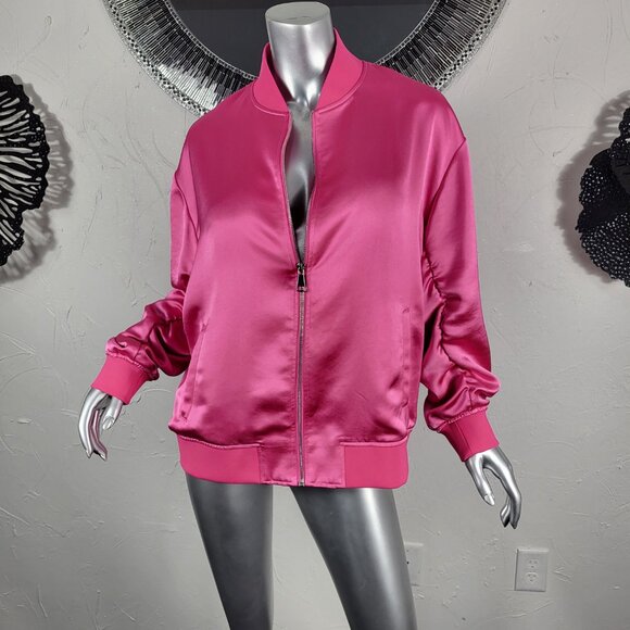 EXPRESS~SZ L~BRIGHT PINK SATIN LIKE FULL ZIP RUCHED SLEEVE BOMBER JACKET COAT - Picture 7 of 16